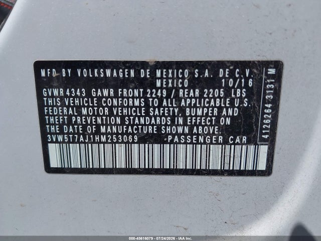 Продаж на аукціоні авто 2017 Volkswagen Jetta Gli, vin: 3VW5T7AJ1HM253069, номер лоту: 45616079