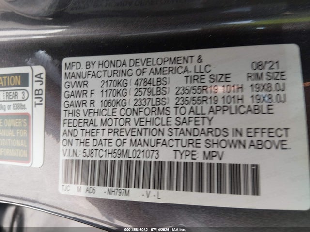 2021 Acura Rdx Technology Package მანქანა იყიდება აუქციონზე, vin: 5J8TC1H59ML021073, აუქციონის ნომერი: 45616082