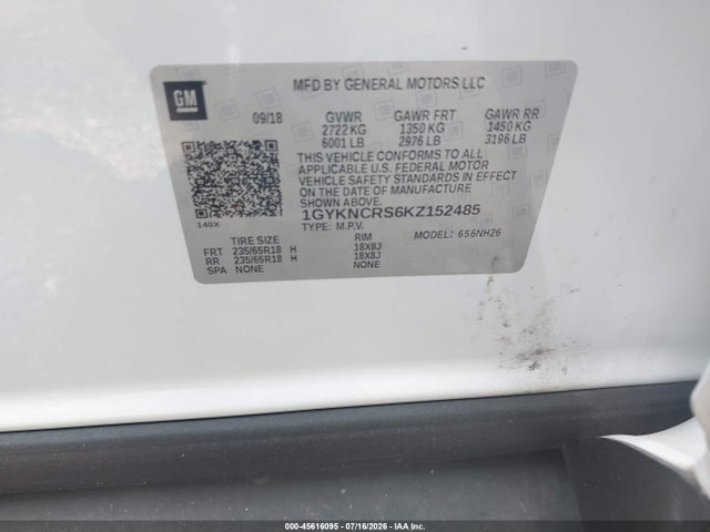 45616095 :رقم المزاد ، 1GYKNCRS6KZ152485 vin ، 2019 Cadillac Xt5 Luxury مزاد بيع