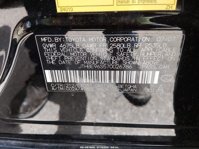 45616098 :رقم المزاد ، JTHBE96S570026786 vin ، 2007 Lexus Gs 350 مزاد بيع