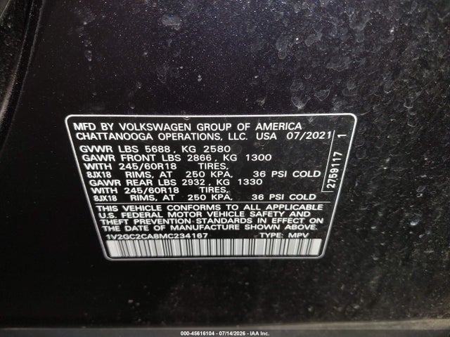 45616104 :رقم المزاد ، 1V2GC2CA8MC234167 vin ، 2021 Volkswagen Atlas Cross Sport 2.0t S مزاد بيع