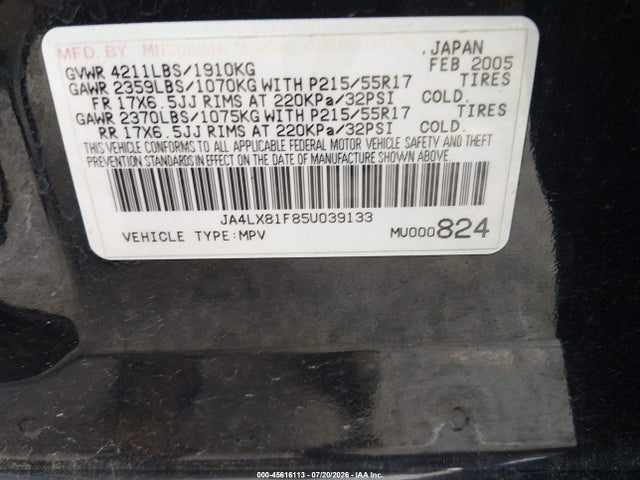 Продажа на аукционе авто 2005 Mitsubishi Outlander Limited, vin: JA4LX81F85U039133, номер лота: 45616113