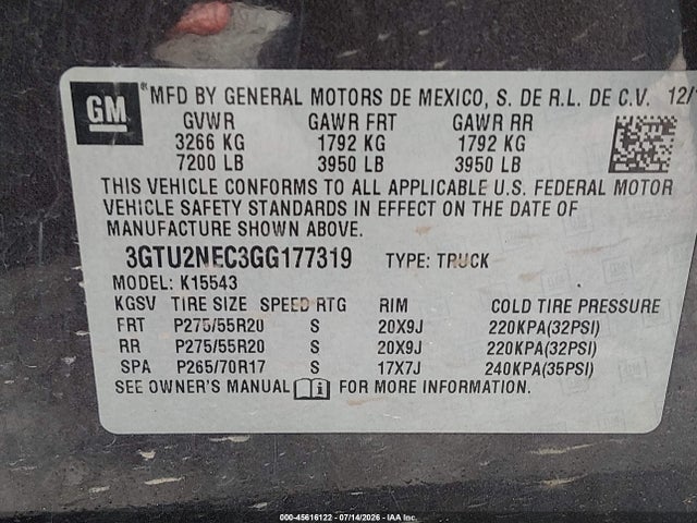 45616122 :رقم المزاد ، 3GTU2NEC3GG177319 vin ، 2016 Gmc Sierra 1500 Slt مزاد بيع