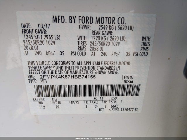 45616132 :رقم المزاد ، 2FMPK4K87HBB74155 vin ، 2017 Ford Edge Titanium مزاد بيع