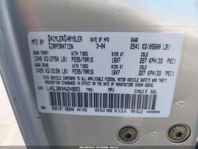 Продаж на аукціоні авто 2004 Jeep Liberty Renegade, vin: 1J4GL38KX4W249853, номер лоту: 45616133