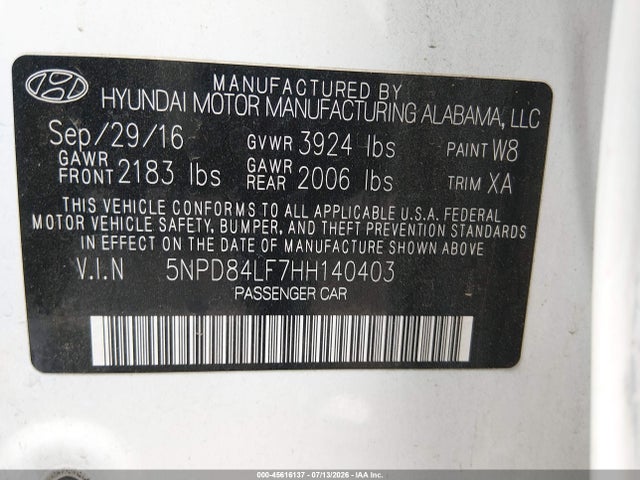5NPD84LF7HH140403 Hyundai ELANTRA SE