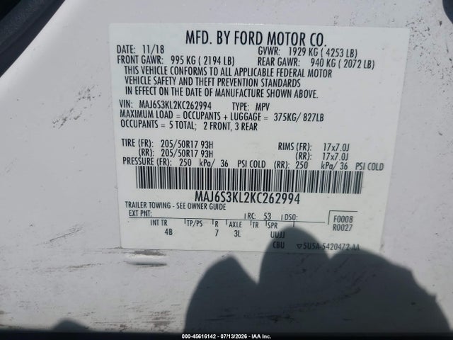45616142 :رقم المزاد ، MAJ6S3KL2KC262994 vin ، 2019 Ford Ecosport Titanium مزاد بيع