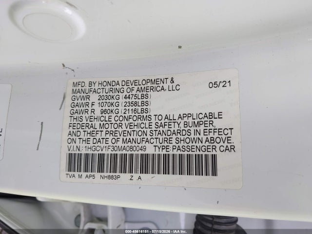 Продажа на аукционе авто 2021 Honda Accord Sport, vin: 1HGCV1F30MA080049, номер лота: 45616151