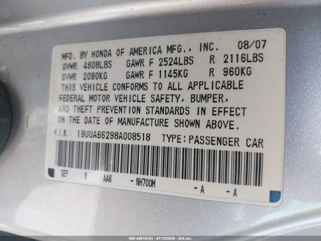 45616153 :رقم المزاد ، 19UUA66298A008518 vin ، 2008 Acura Tl 3.2 مزاد بيع