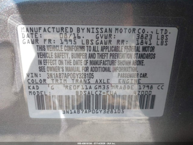 Продаж на аукціоні авто 2016 Nissan Sentra Fe+ S, vin: 3N1AB7AP0GY328105, номер лоту: 45616194