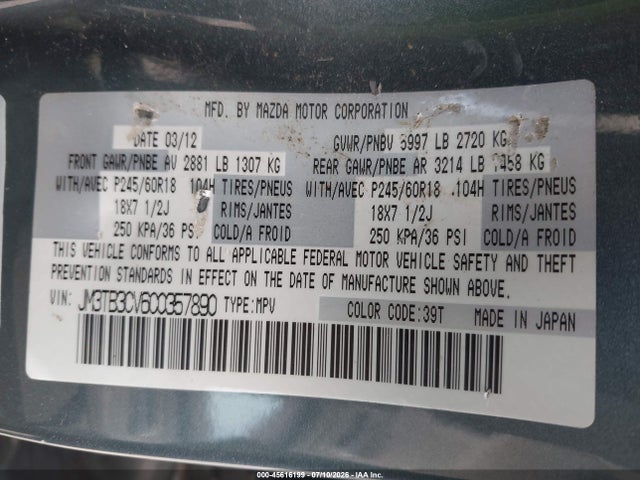 2012 Mazda Cx-9 Touring მანქანა იყიდება აუქციონზე, vin: JM3TB3CV6C0357890, აუქციონის ნომერი: 45616199