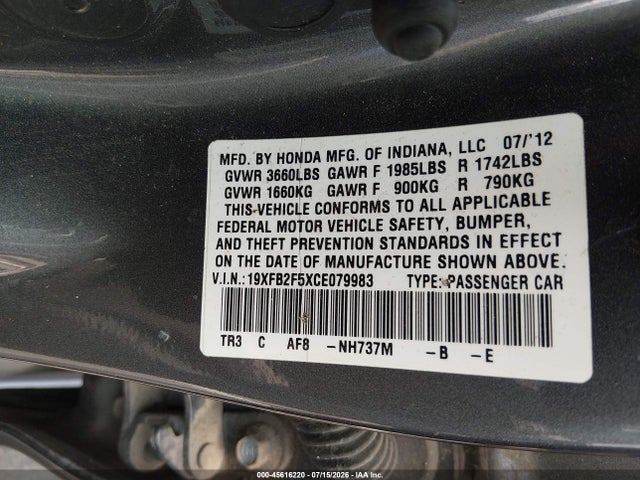 Продажа на аукционе авто 2012 Honda Civic Lx, vin: 19XFB2F5XCE079983, номер лота: 45616220
