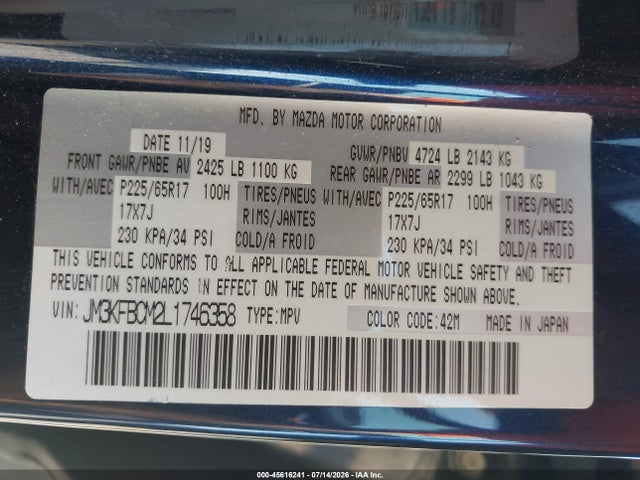 Aukcja sprzedaży 2020 Mazda Cx-5 Touring, vin: JM3KFBCM2L1746358, numer aukcji: 45616241