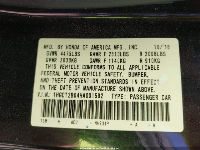 1HGCT2B04HA001592 Honda Accord Touring V6