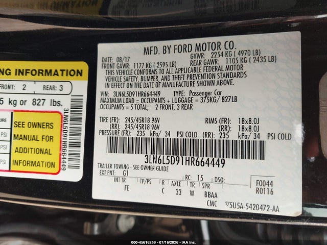 2017 Lincoln Mkz Select მანქანა იყიდება აუქციონზე, vin: 3LN6L5D91HR664449, აუქციონის ნომერი: 45616259