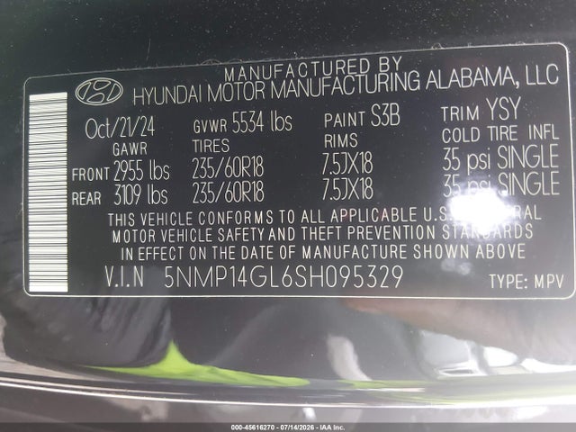 2025 Hyundai Santa Fe Se მანქანა იყიდება აუქციონზე, vin: 5NMP14GL6SH095329, აუქციონის ნომერი: 45616270