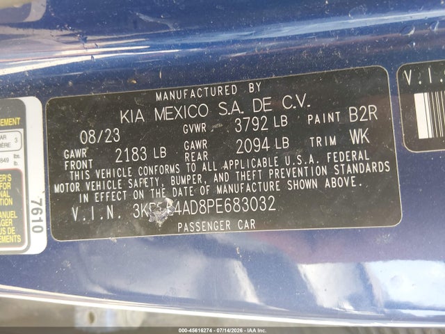 Продажа на аукционе авто 2023 Kia Forte Lxs, vin: 3KPF24AD8PE683032, номер лота: 45616274