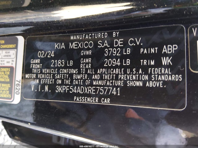 2024 Kia Forte Gt-line მანქანა იყიდება აუქციონზე, vin: 3KPF54ADXRE757741, აუქციონის ნომერი: 45616277