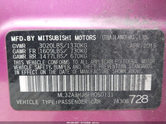 2015 Mitsubishi Mirage De მანქანა იყიდება აუქციონზე, vin: ML32A3HJ8FH050131, აუქციონის ნომერი: 45616287