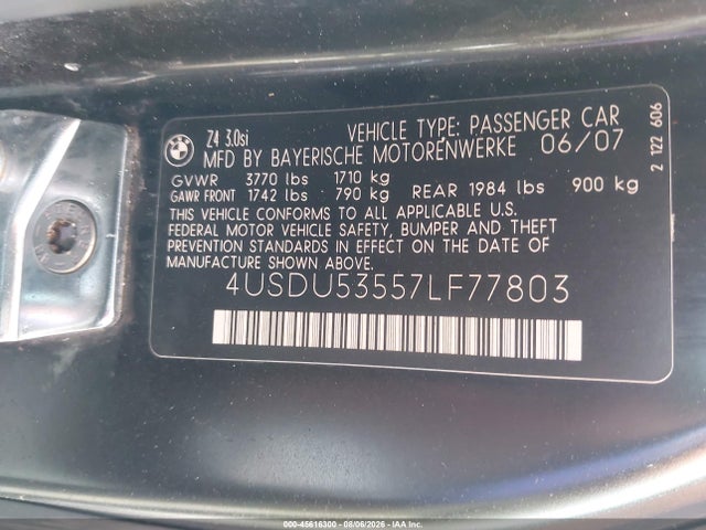 Продажа на аукционе авто 2007 Bmw Z4 3.0si, vin: 4USDU53557LF77803, номер лота: 45616300