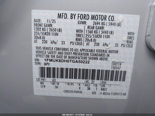 Продаж на аукціоні авто 2026 Ford Explorer Active, vin: 1FMUK8DH0TGA50222, номер лоту: 45616311