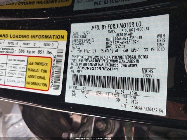 45616312 :رقم المزاد ، 3FMCR9G69RRE24741 vin ، 2024 Ford Bronco Sport Heritage مزاد بيع