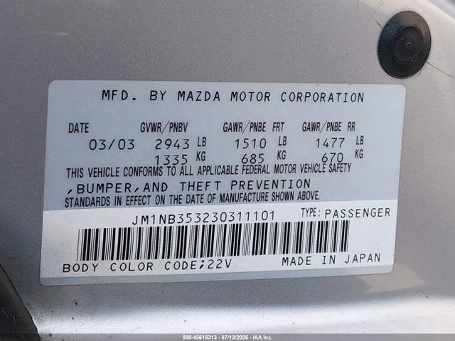 Продаж на аукціоні авто 2003 Mazda Mx-5 Miata Cloth/ls/se/shinsen, vin: JM1NB353230311101, номер лоту: 45616313