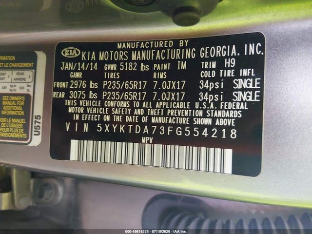 5XYKTDA73FG554218 KIA Sorento Lx V6