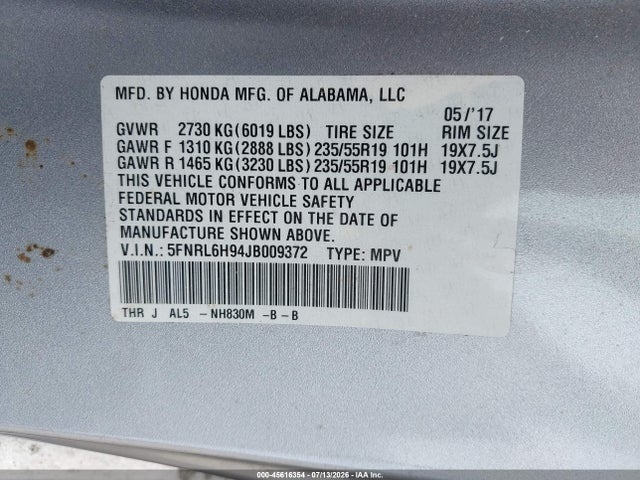 5FNRL6H94JB009372 Honda Odyssey Elite