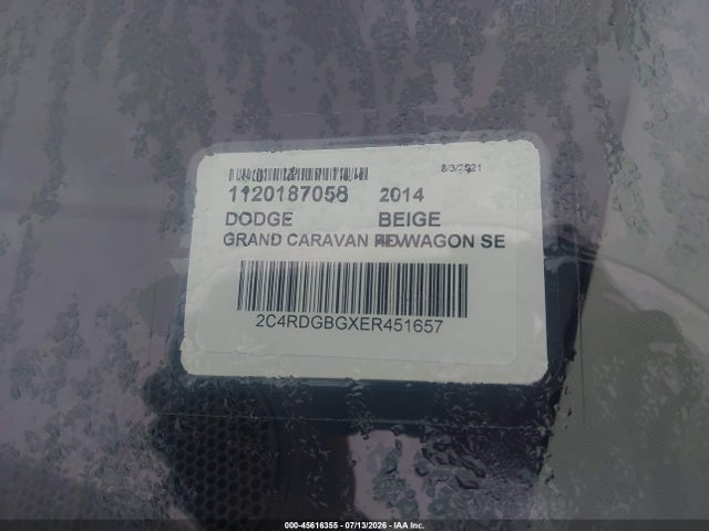 Auction sale of the 2014 Dodge Grand Caravan American Value Pkg, vin: 2C4RDGBGXER451657, lot number: 45616355