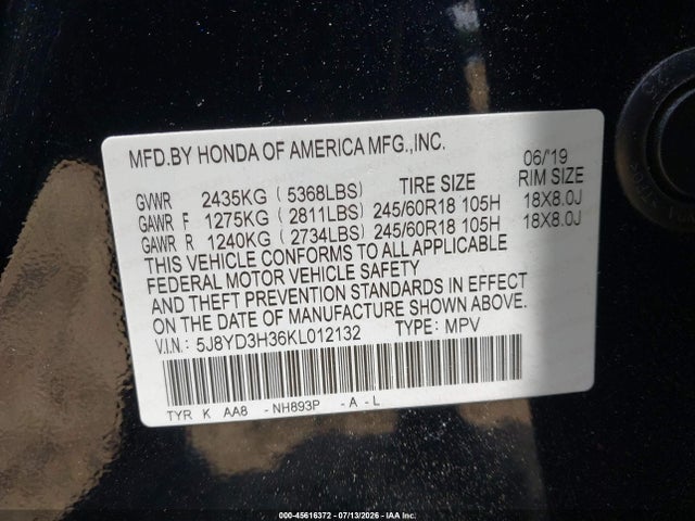 2019 Acura Mdx Standard მანქანა იყიდება აუქციონზე, vin: 5J8YD3H36KL012132, აუქციონის ნომერი: 45616372