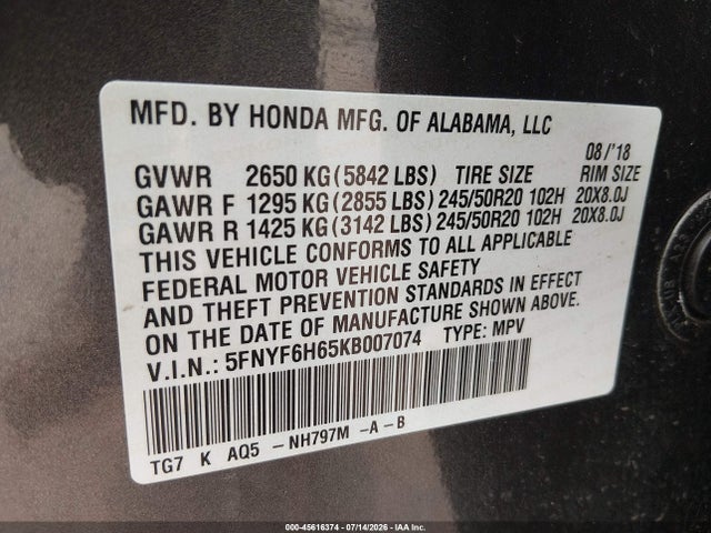 Aukcja sprzedaży 2019 Honda Pilot Touring, vin: 5FNYF6H65KB007074, numer aukcji: 45616374