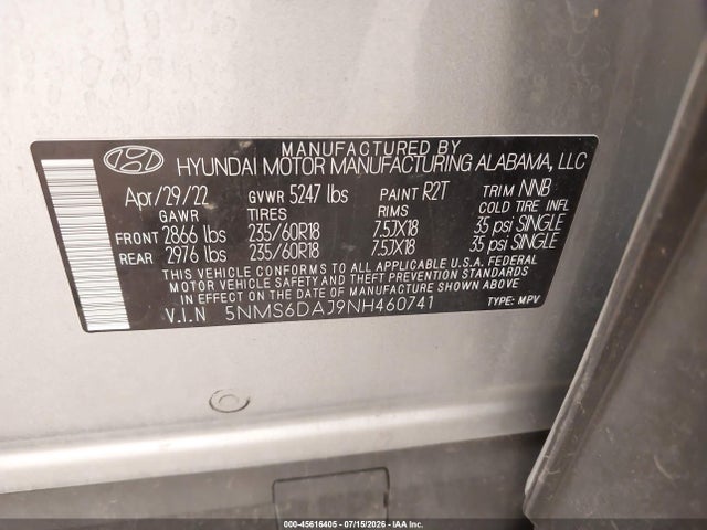 2022 Hyundai Santa Fe Xrt მანქანა იყიდება აუქციონზე, vin: 5NMS6DAJ9NH460741, აუქციონის ნომერი: 45616405