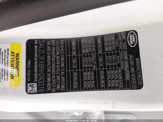45616406 :رقم المزاد ، SALZL2FX8RH243318 vin ، 2024 Land Rover Range Rover Evoque Dynamic Se مزاد بيع