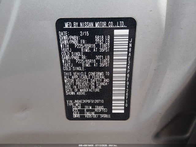 JN8AE2KP6F9126710 Nissan Quest Platinum/s/sl/sv