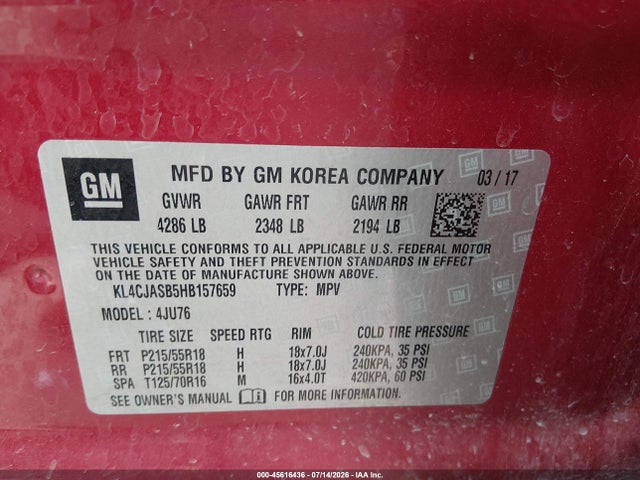 Aukcja sprzedaży 2017 Buick Encore Preferred, vin: KL4CJASB5HB157659, numer aukcji: 45616436