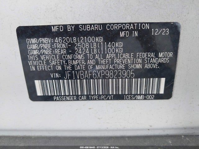Aukcja sprzedaży 2023 Subaru Wrx Premium, vin: JF1VBAF6XP9823905, numer aukcji: 45616445
