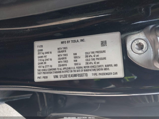 45616466 :رقم المزاد ، 5YJ3E1EA5MF850770 vin ، 2021 Tesla Model 3 Standard Range Plus Rear-wheel Drive مزاد بيع