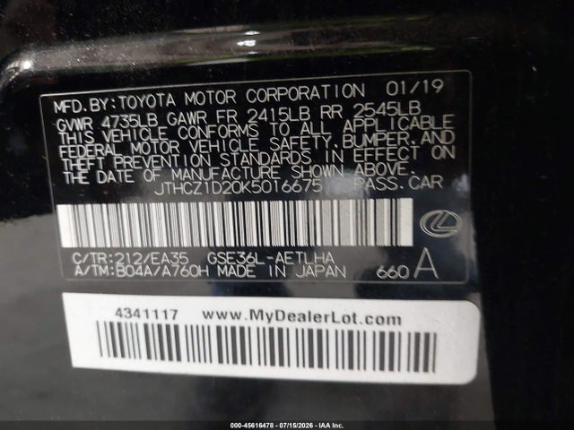 45616478 :رقم المزاد ، JTHCZ1D20K5016675 vin ، 2019 Lexus Is 350 مزاد بيع
