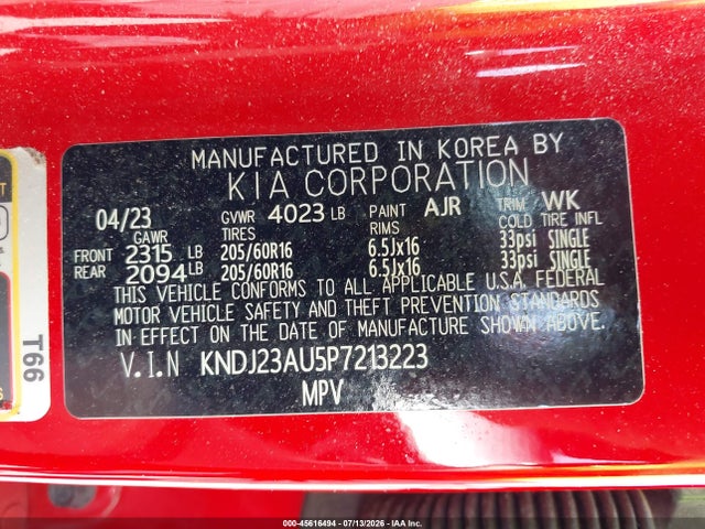 Aukcja sprzedaży 2023 Kia Soul Lx, vin: KNDJ23AU5P7213223, numer aukcji: 45616494
