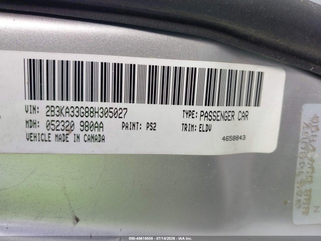 45616508 :رقم المزاد ، 2B3KA33G88H305027 vin ، 2008 Dodge Charger Sxt مزاد بيع
