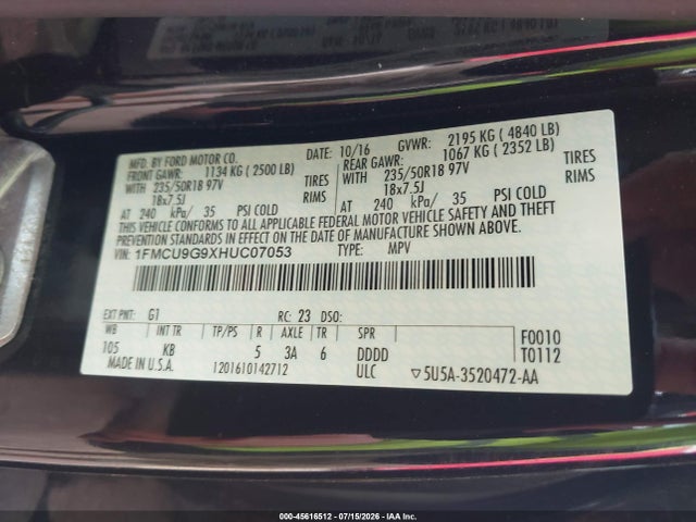2017 Ford Escape Se მანქანა იყიდება აუქციონზე, vin: 1FMCU9G9XHUC07053, აუქციონის ნომერი: 45616512