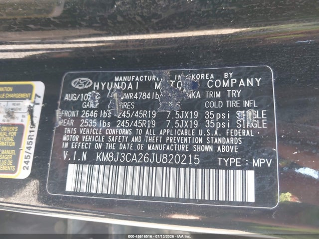 2018 Hyundai Tucson Limited მანქანა იყიდება აუქციონზე, vin: KM8J3CA26JU820215, აუქციონის ნომერი: 45616516