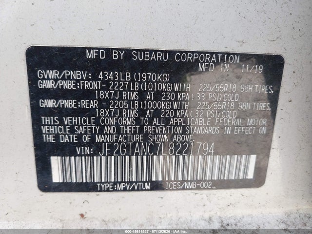 45616527 :رقم المزاد ، JF2GTANC7L8221794 vin ، 2020 Subaru Crosstrek Limited مزاد بيع