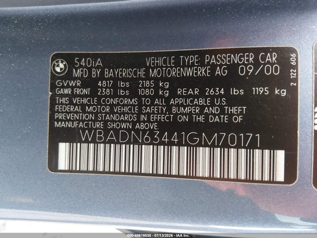 Aukcja sprzedaży 2001 Bmw 5 Series 540ia, vin: WBADN63441GM70171, numer aukcji: 45616538