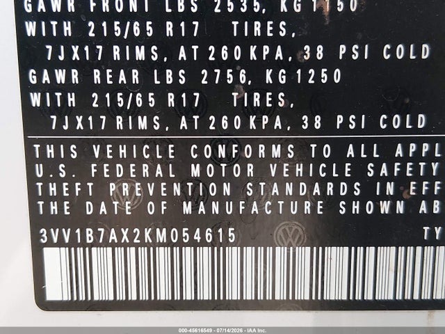 Aukcja sprzedaży 2019 Volkswagen Tiguan 2.0t S, vin: 3VV1B7AX2KM054615, numer aukcji: 45616549