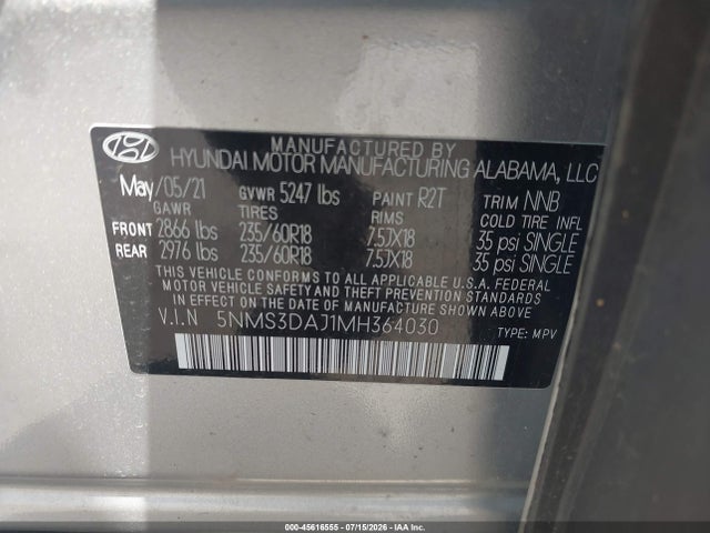 2021 Hyundai Santa Fe Sel მანქანა იყიდება აუქციონზე, vin: 5NMS3DAJ1MH364030, აუქციონის ნომერი: 45616555