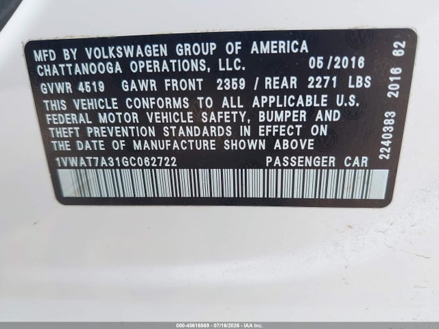 1VWAT7A31GC062722 Volkswagen Passat 1.8t S