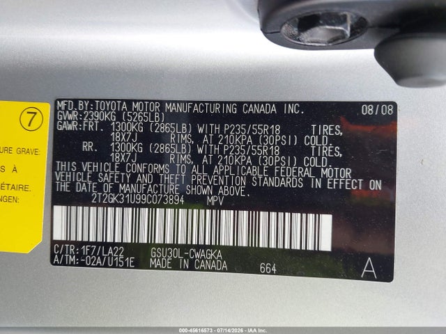 45616573 :رقم المزاد ، 2T2GK31U99C073894 vin ، 2009 Lexus Rx 350 مزاد بيع