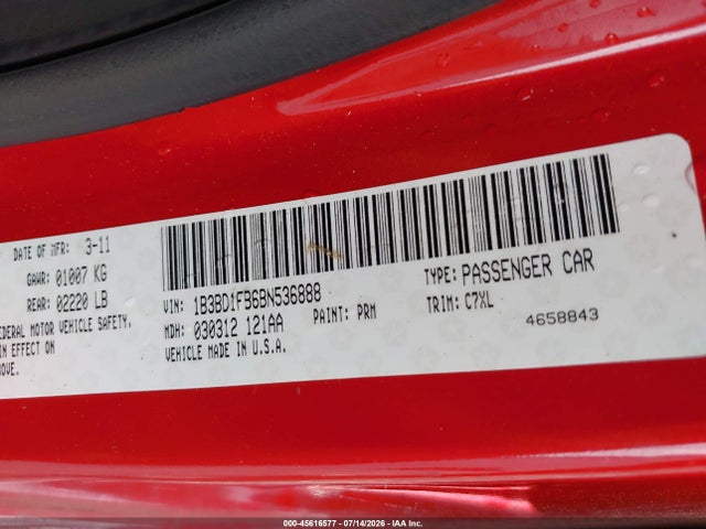 45616577 :رقم المزاد ، 1B3BD1FB6BN536888 vin ، 2011 Dodge Avenger Mainstreet مزاد بيع